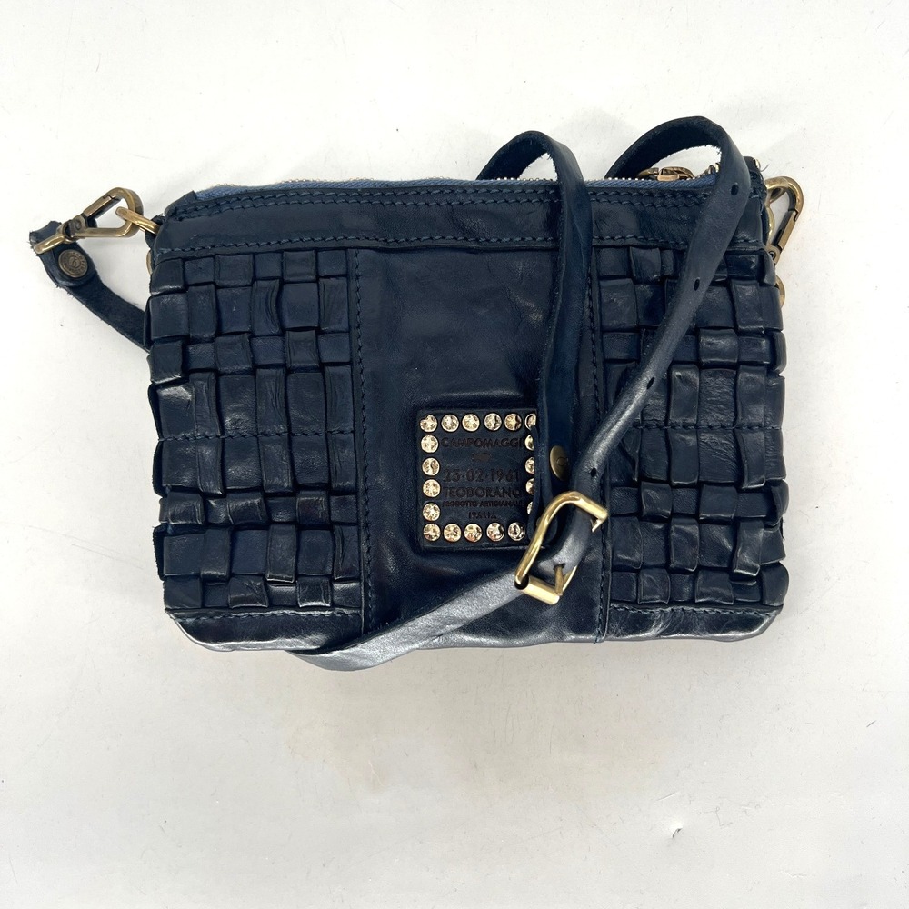 Campomaggi Crossbody Navy Blue Italian Leather Woven Studded Simple Classic